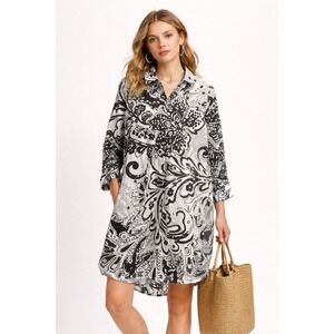 Chicos Linen Tunic Top 3/4 Sleeve Coastal Paisley Black White Size 2 Large NEW
